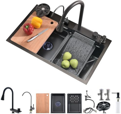 Bokaiya Évier de Cuisine, Cascade Multifonction Évier, Evier de Cuisine à Comptoir Raindance Professionnel Lavabo Acier Inoxydable avec Lave Verre & Robinet Extractiblen Haute Pression Noir 68x45 cm