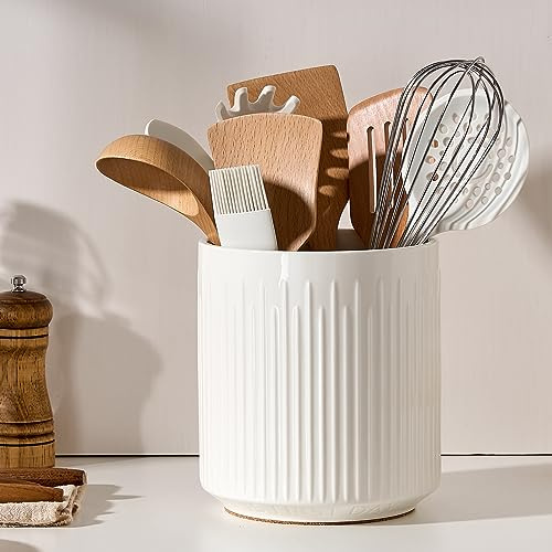 JIEMEI HOME Utensil Holder, 7.2 Large Ceramic Stable Utensil Crock for Kitchen Counter, Utensil Holder with Cork Mat, Removable Bamboo Divider for Easy, Kitchen Decor, White