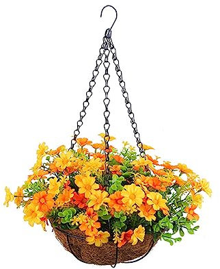 Ztexkee Flores artificiales con maceta colgante, flores artificiales colgantes con cesta, flores artificiales falsas de 7.9 pulgadas para exteriores, interiores, jardín, patio, decoración del hogar