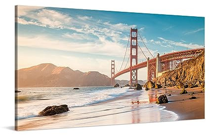 PICANOVA – Cuadro sobre Lienzo 100x50cm Golden Gate Bridge San Francisco – Imagen Impresión Montado sobre Marco De Madera – Cuadro Decoración Moderno Para Salón o Dormitorio