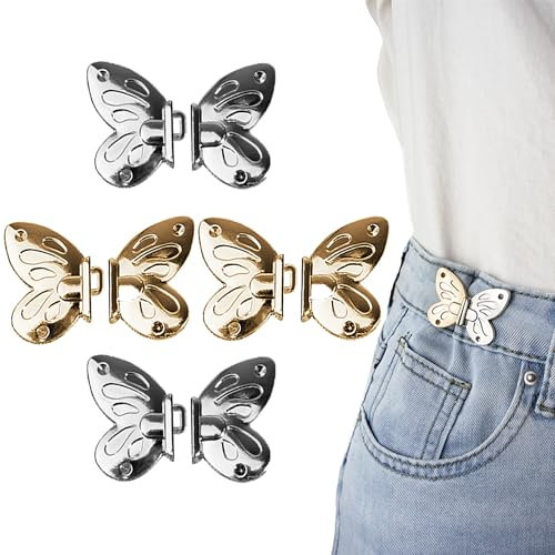 Richluck 4 Paare Pairs Metall Jeans Knöpfe Stifte, goldener und silbernen Schmetterlingsstraffungen Taillenknöpfe, kein Nähen und keine Werkzeuge verstellbare Hose Taille Schnalle Clips