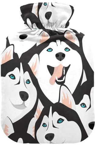 Husky Dogs Wärmflasche mit Bezug, Wärmflaschen zur Schmerzlinderung, Wärmflasche, Wasserbeutel, Warmwasserbettwärmer für Wärme- und Kältetherapie, 2L