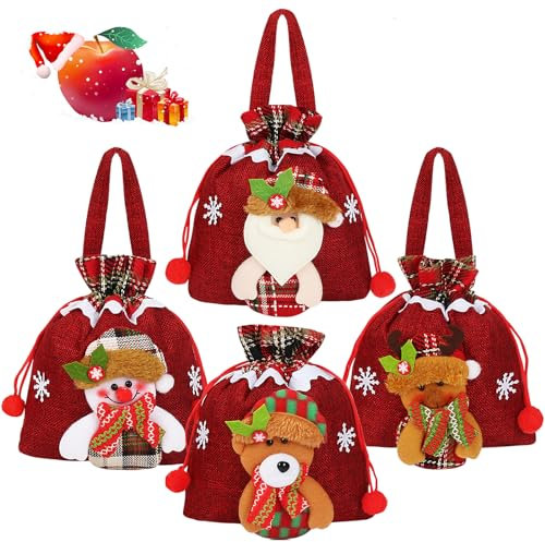 GINOYA 4 Stück Weihnachtstüten Klein, Nikolaus Geschenktüten Sack für Santa Weihnachtsfeiern, Kinder Geschenke