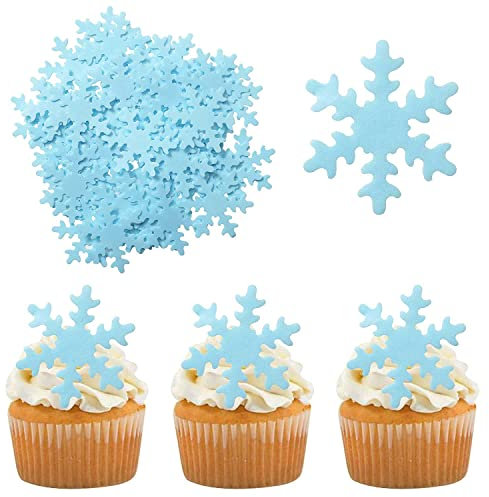 Morofme 50pcs Bule Edible Snowflake Cake Cupcake Topper, Edible Frozen Cake Topper, Winter Cupcake Topper, Edible Snowflake Cake Cupcake Decoration for Christmas Winter Frozen Theme Party Supplies