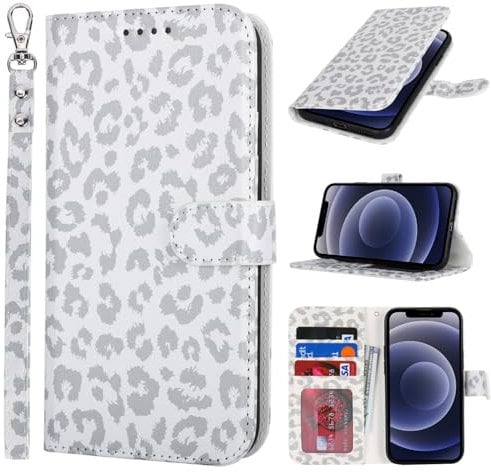 Zouzt Case for iPhone 12 Mini (5.4 Inch), Premium PU Leather Wallet Case with Credit Card Holder Slot Flip Folio Kickstand Shockproof Protective Phone Cover (White Leopard Pattern)