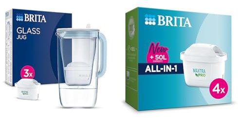 BRITA Glass Water Filter Jug Light Blue Starter Pack incl.3x MAXTRA PRO All-in-1 cartridge-Premium Glass Design jug with easy-filling Flip-Lid & MAXTRA PRO All-in-1 Water Filter Cartridge 4 Pack
