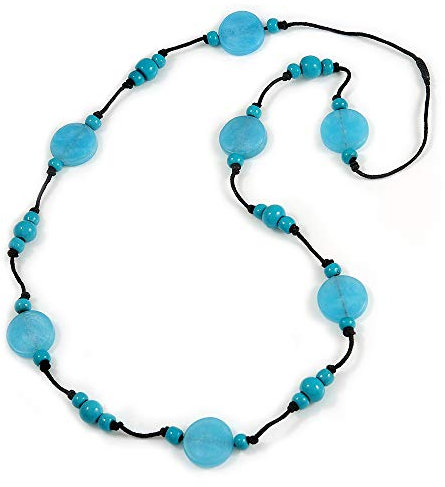Long Light Blue/Turquoise Wood and Resin Bead Black Cord Necklace/100cm Long