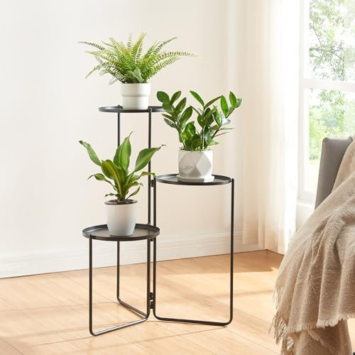[en.casa] Support de Plantes à 3 Niveaux Étagère à Fleurs Design Intemporel Porte-Plantes pour Intérieur Meuble de Rangement pour Cache-Pots Métal 70 x 48 x 25 cm Noir