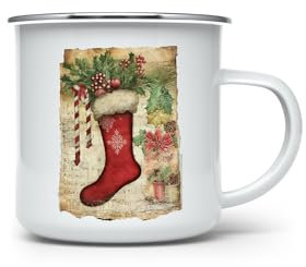 MAXIKIWI - Durable Enamel Coffee or Tea Camping Mug for Indoor Outdoor Use - Retro Christmas Postcard - 350ml