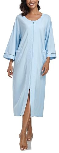COLORFULLEAF Damen Bademantel mit Reissverschluss 100% Baumwolle Leicht Morgenmantel Hausmantel Damen Lang mit Taschen M-XXL(Hellblau,XL)