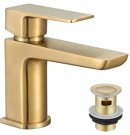 KEDWILL® Single Lever Mini Mono Basin Mixer Tap with Click Clack Sprung Waste Bathroom Sink Hot and Cold Faucet Solid Brass Modern Brushed Brass Gold Easy to Fit/Install
