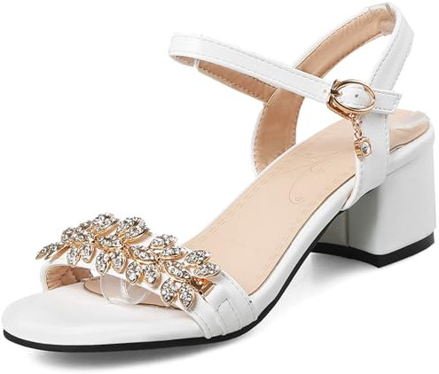 OALEEN Sandales Femme Eté Petit Talon Carré Bride Cheville Strass Nu-pieds PU Cuir Confort Chaussures Ouverte Mariage Blanche 35