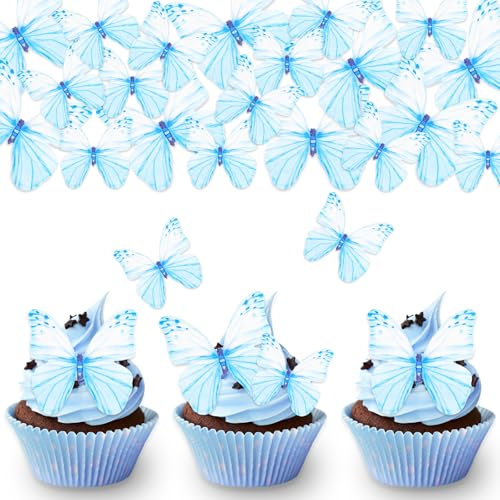 DazzJoy 50 Stück Essbare Tortendeko Schmetterling & Schmetterling Cupcake Topper - Blaue Schmetterlinge für Torte & Cupcakes