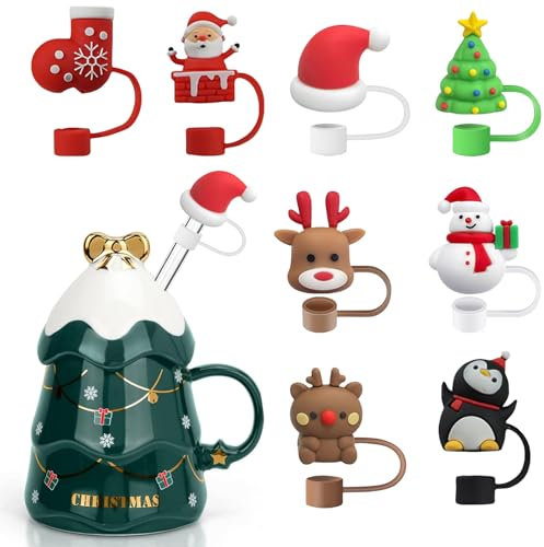 Strohhalm Abdeckung, Weihnachten Deko, 6/8 Stück Rosa Wiederverwendbare Niedliche Form Zubehör, Weihnachten Strohhalm Abdeckung für 10 MM Strohspitzen (8 Stück)