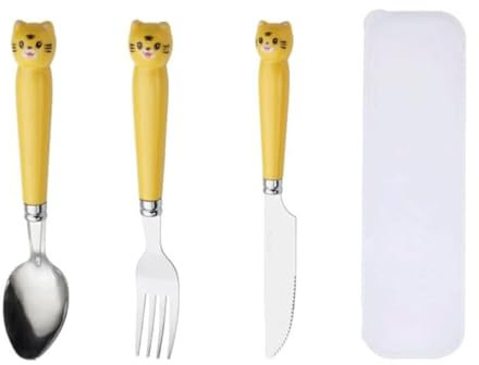 GLJTUO Cute Cutlery Set 3 Pcs Knife Fork Spoon with Box Silverware Set Stainless Steel Table Spoons Kitchen Dessert Tableware Set,Yellow