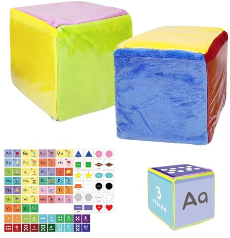 XEERUN Dadi in schiuma, 2 dadi con tasche da taschino, cubo tascabile con 48 carte, 10 cm, per asilo, scuola materna, scuola materna (versione inglese)