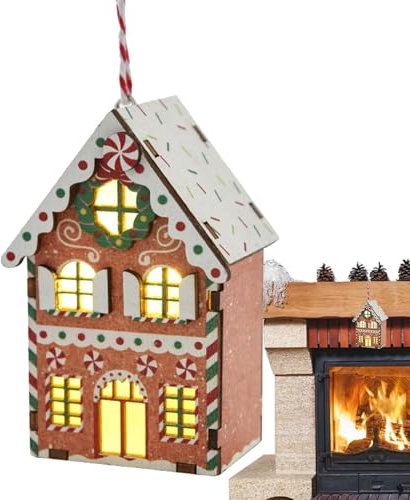 Madelyn Wooden Christmas - Gingerbread House Tree Ornament, Christmas Home Decoration, Light Up Wooden Gingerbread House Tree Ornament, Seasonal Decor Village Miniature Lanyard for Mantelpiece, Door