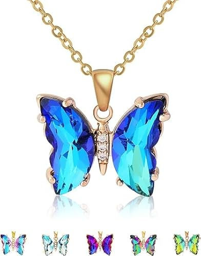 BONJOULRY Butterfly Crystal Necklace for Women: 14K Gold Stainless Steel Butterfies Birthston Pendant Choker Necklaces Aesthetic Valentines Day Christmas Birthday Gifts for Her (Dark Blue)