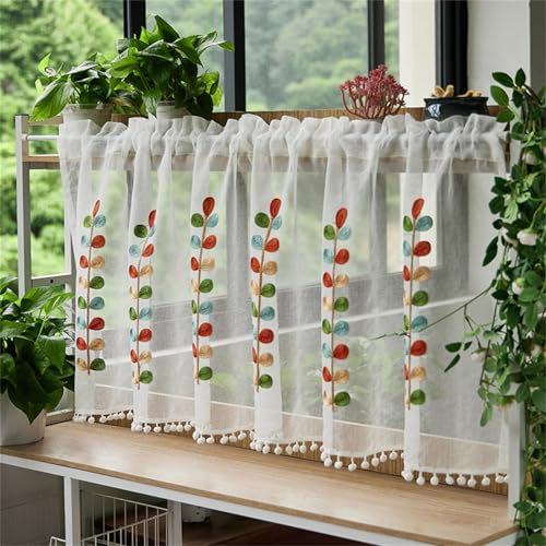 champracer Tenda natalizia per porta, trasparente, con ricamo, in voile, da bistrò, per piccole finestre (larghezza x altezza 180 x 60 cm)