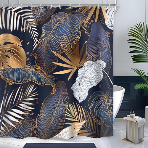 Cinbloo Rideau de Douche Bleu Marine/Blanc/doré/Marron de 152,4 x 183 cm (l x H), Style Tropical Abstrait avec Feuilles de Palmier hawaïen, Motif botanique Moderne, 12 Crochets