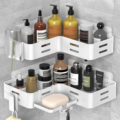 ZUNTO Mensola Doccia Angolare, 2 Pezzi Porta Shampoo Senza Foratura, Mensola Bagno Adesiva con 2 Ganci e Portasapone Doccia, Bianco