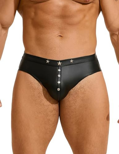 sunshinelady PU Leder Slip Herren String Tanga mit Beutel Wetlook Unterwäsche Große Größen Sexy Unterhosen für Mann Sissy Dessous Männer Hipster mit Nieten Gay Höschen Clubwear Thong Men Schwarz,XL