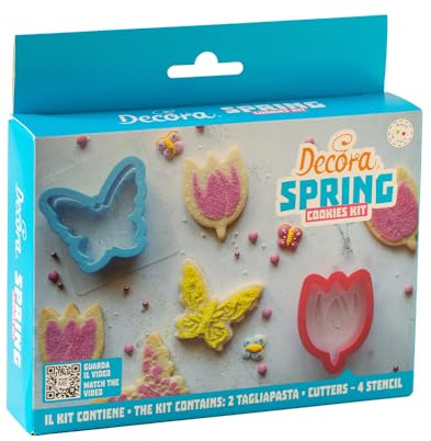 Decora 0255234 Frühlingsdeko-Set, 2 Tulpen- und Schmetterlings-Ausstechformen und 4 Deko-Schablonen, ideal zum Kreieren dreidimensionaler Keksdekorationen, hergestellt in Italien, 6er-Pack.