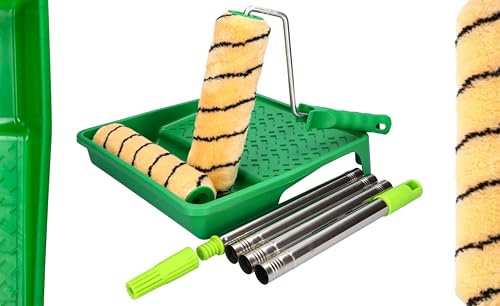ToolSpace Malerset - 2x Farbroller Polyacryl 25cm Edelstahl Teleskopstange (0,6-1,5m) Set Farbwanne Teleskopstab Saugfähig Absorbierend Farbrollen mit Farbwalzen Acryl Latex Silikat Dispersionfarben