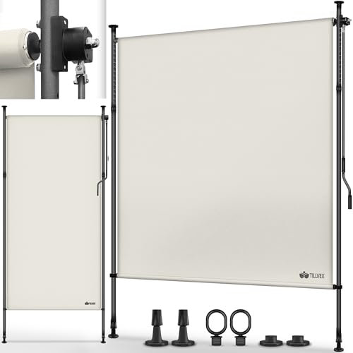 tillvex® Klemmmarkise Senkrechtmarkise 150x310cm Beige mit Handkurbel ohne Bohren | Sichtschutz Ausziehbar & Blickdicht | Vertikalmarkise Balkon Terrasse Garten | Sichtschutzrollo Wetterfest