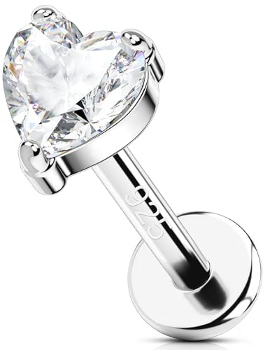 OUFER 16G Sterling Silber 925 Helix Ohrring Innengewinde Herz Tragus Stolate Clear CZ Lippenlabret Ringknorpel Daith Piercing Schmuck für Frauen 6 mm
