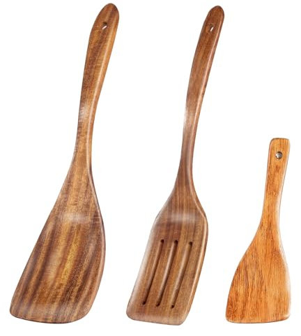 3 Pcs Wooden Spatula for Cooking, Wooden Spatula Long Handle Kitchen Utensils Set, Heat-Resistant and Non Stick Wood Cookware Use for Frying Chicken Wings Other Delicious Foods