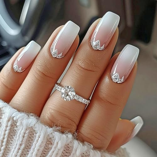 24 Stück Rosa Weiß Glitzer Ombré Kunstnägel - Vollabdeckung Nägel zum Aufkleben - Fake Nails Fingernägel zum Aufkleben Acryl Full Cover für Frauen Mädchen Nail Art Maniküre (Rosa Quadrat)