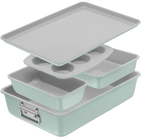 T-fal Refresh Ceramic Nonstick Baking Pans Set (5 Pieces), Baking Sheet, Roaster, 6-Cup Muffin Pan, Loaf Pan, Square Baking Pans, Stackable Bakeware Set, Made Without PFOA and PTFE, Mint Green