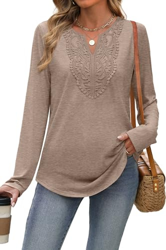 XIEERDUO Womens Long Sleeve Tops Ladies Blouse V Neck Tunic Lace T Shirts Curved Hem Solid Color Comfy Loose Tops Office Wear Beige Top Size 22-24 UK