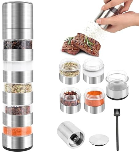 5 in 1 Gewürzstreuer,Edelstahl Gewürzmühle Set,Gewürzdosen Mini Gewürzmühle | Mini Salz und Pfeffer Mühlen Set, Gewürze Camping Gadgets Klein für Reisen Zuhause Küche Kochen Steak BBQ