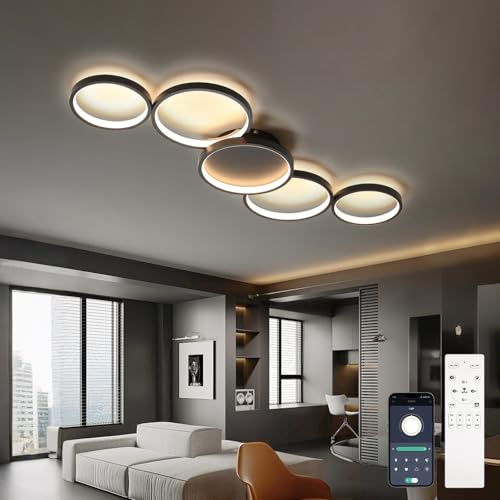 AQLEDY 99cm Led Deckenleuchte Dimmbar, 5 Ringe Deckenlampe Wohnzimmer/Schlafzimmer 55W Mit Fernbedienung, 3000K-6500K Kein Flackerndes Licht, Memory-Funktion-Black