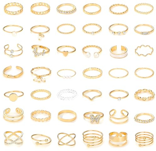 JhavexToy Ringe Set Gold Damen, 42 Stück Boho Stapelringe Damen Fingerringe Knuckle Rings Midi Ringe Vintage Schlangenkette Blumen Blatt Perlen Statement Ringe Schmuck für Frauen Mädchen