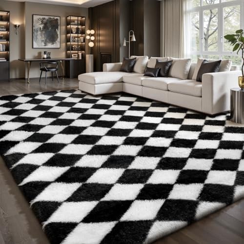 Treeboy Hochflor Teppich Wohnzimmer 200X300 Großer Schwarz und Weiß Kariert | Flauschig Shaggy Rutschfest Waschbarer Carpet Schlafzimmer Teppiche Gegend Kinderzimmer Langflor Rug Living Room Jugendzimmer