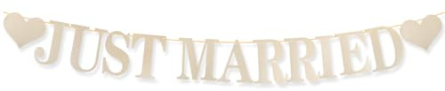 Just Married Girlande, Hochzeitsbanner Girlande Vorgespannte (Gold) | Hochzeit Party Banner Hängende Deko Glitzer, mit Buchstaben und Herzen, für Braut Hochzeits Autodekoration
