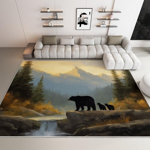 WHUOEUCO Teppich Wohnzimmer Berg Schwarzbär Wald 180x240cm Waschbare Kurzflor Teppiche Großer rutschfest Carpet, für Schlafzimmer, Büro, Kinderzimmer Druck Teppich