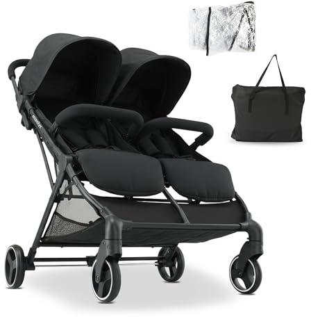 Mooiys Tess Doppel-Kinderwagen, Geschwisterwagen, ab Geburt bis ca. 4 Jahre (22 kg), leicht, schnell zusammenklappbar, freistehend, großer Staukorb, inkl. Regenverdeck und Tragetasche, Schwarz