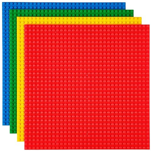 Classic Stackable Baseplates 10 x 10 Building Brick Base Plates by Strictly Briks | 100% Compatible with All Major Brands | 4 Baseplates for Building Towers & Tables | Blue, Green, Red, & Yellow
