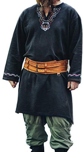 Leonardo Carbone® Wikinger Tunika Freki - Mittelalter Kleidung Herren, Mittelalter Hemd, Freizeithemden Langarm, Karneval Kostüm Herren, Wikinger Tunika, LARP-Kleidung - 100% Baumwolle Schwarz L