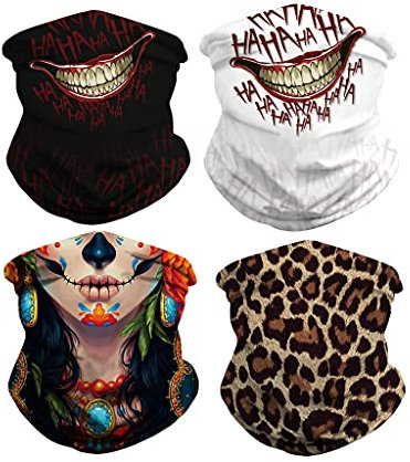 freesiom Lot de 4 Cache Cou Col Visage Couvre-Chef Bandana Tube Homme Femme Cagoule Tete de Mort Leopard Fleur Motif Tour de Cou Sport Moto Velo Protection Vintage Cadeau Pas Cher