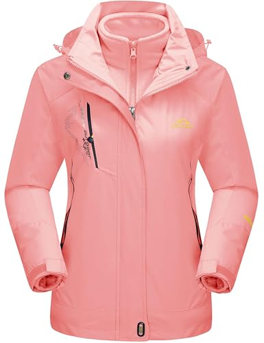 TACVASEN Waterproof Hoodies Womens Skiing Jacket Fleece Outdoor Winter Snow 3 in 1 Jacket Sports Windproof Hoodie Warm Cargo Snowboard Coat