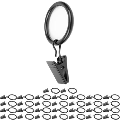 Gardinenclips mit Ringen, 30 Stück, in der Farbe Schwarz, Ø 32 mm außen, Ø 25 mm innen, Vorhangclip mit Haken, Mehrzweckklemme für Vorhänge mit Ring, Mehrzweckhaken für Haus