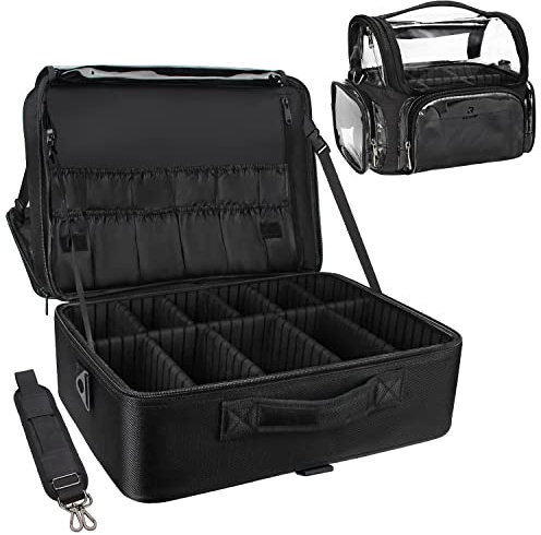 Relavel Extra Large Makeup Case and Makeup Brush Holder Bag, Professional Makeup Organizer, Large Capacity with Adjustable Dividers and Shoulder Strap (Black)
