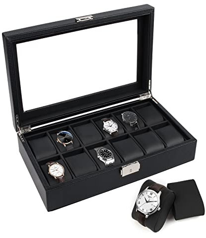 gramiibeau Uhrenbox Schwarz Herren, Uhrenbox Leder 12 Uhren Uhrenkasten mit Glasdeckel Uhr-Aufbewahrungsbox mit gewebtem Muster Metall Verschluss,Geschenke für Freunde,35 x 20 x 8 CM