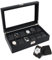 gramiibeau Uhrenbox Schwarz Herren, Uhrenbox Leder 12 Uhren Uhrenkasten mit Glasdeckel Uhr-Aufbewahrungsbox mit gewebtem Muster Metall Verschluss，Geschenke für Freunde，35 x 20 x 8 CM