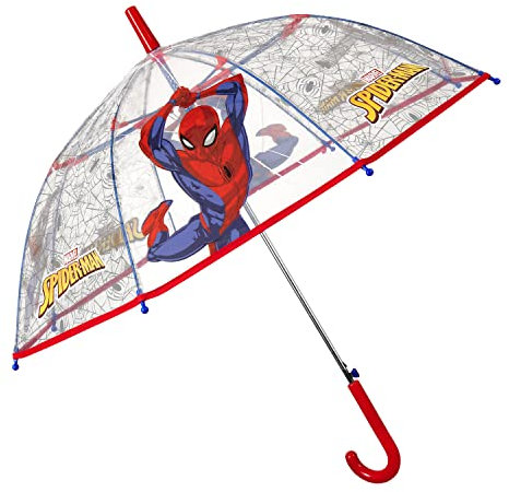 p:os 25506088 Spiderman - Regenschirm für Kinder, transparent, windfest, Stockschirm mit Automatik-Öffnung und stabilem Fiberglasgestell, Durchmesser ca. 74 cm